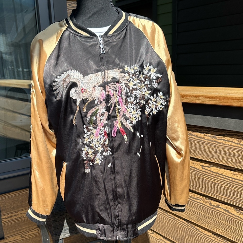Reversible Black & Gold Satin Embroidered Bomber Jacket Women’s Large